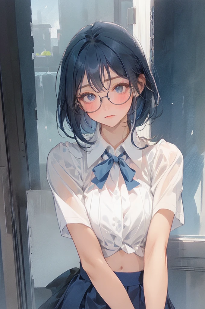 独奏、(Dark blue pleated skirt Dark blue、Dark blue micro mini skirt dark blue、Sailor suit summer uniform、Short sleeve white shirt、Navy Blue Ribbon)、(Big Breasts、slim、Slimming、Muscular、Beautiful Abs、Bare thighs)、(White, pale pink or pale blue panties、BREAK Panty Drop、Are standing、Raising his arms、Pussy、Pussyライン)、(I opened my mouth slightly、Sexy look、Blushing)、(Kyoto Animation Style、Dark blue shorthair、(Dark blue hair:1.7)、Blunt bangs、Hair between the eyes、Clear Eyes、Dark Eyes、Black-rimmed glasses)、NSFW、high school girl、high school、classroom、