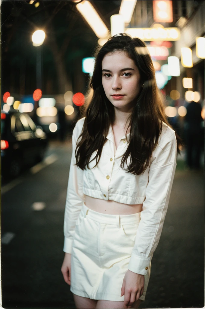 polaroid photo, night photo, 24 year old photo.oh beautiful woman, pale skin, bokeh, motion-blur