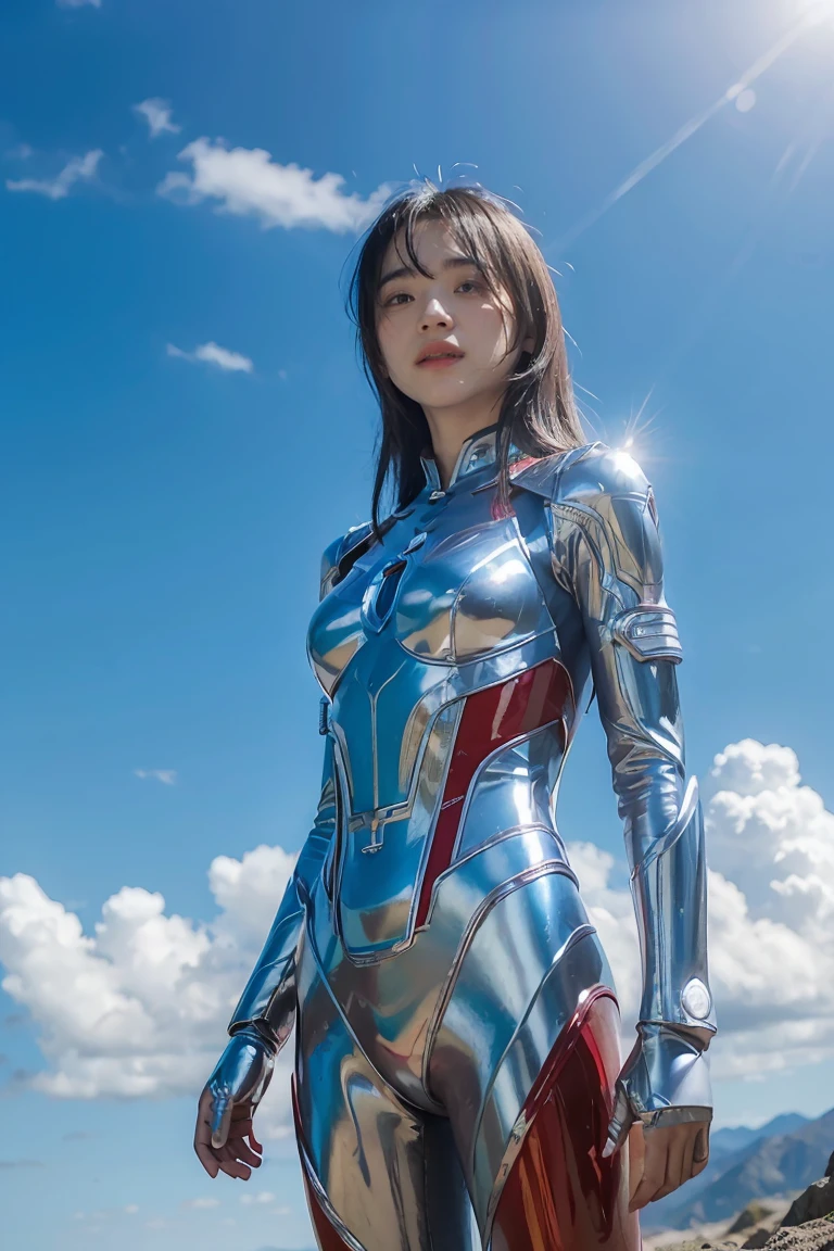 (((blue sky with cloud in background)), Ultraman、realistic、realistic、cinematic lighting, Girl in a shiny red and silver suit、15 years old、professional photos、Don&#39;Do not expose your skin, japanese model, japanese cgi、Ultraman Suit、, Power Rangers Suit、tight and thin cyber suit,Whole body rubbery、There&#39;s pink There、 delicate body, big breasts、small ass、thin thighs、thin arms、thin waist、camel toe、Both sides of the cyber suit stick to the skin、Big eyes、black short hair、facing the front、facing the front立っている、A glowing sphere is embedded in the chest.、Essay Examination、 blue sky background