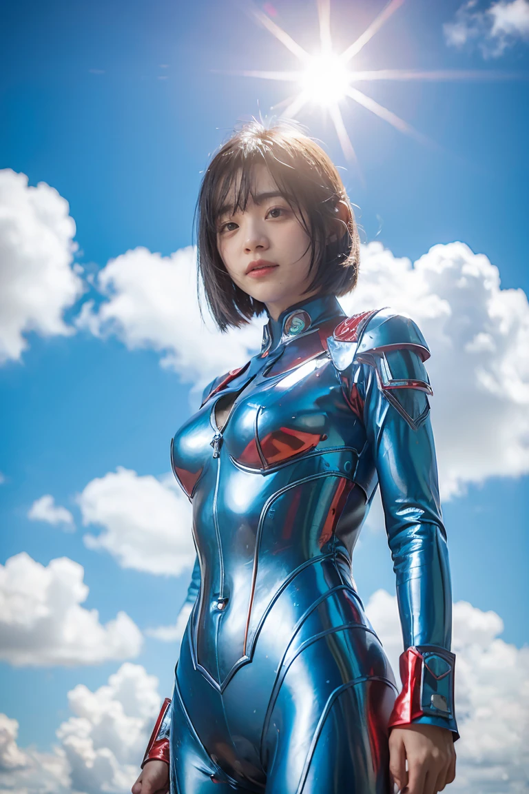 (((blue sky with cloud in background)), Ultraman、realistic、realistic、cinematic lighting, Girl in a shiny red and silver suit、15 years old、professional photos、Don&#39;Do not expose your skin, japanese model, japanese cgi、Ultraman Suit、, Power Rangers Suit、tight and thin cyber suit,Whole body rubbery、There&#39;s pink There、 delicate body, big breasts、small ass、thin thighs、thin arms、thin waist、camel toe、Both sides of the cyber suit stick to the skin、Big eyes、black short hair、facing the front、facing the front立っている、A glowing sphere is embedded in the chest.、Essay Examination、 blue sky background