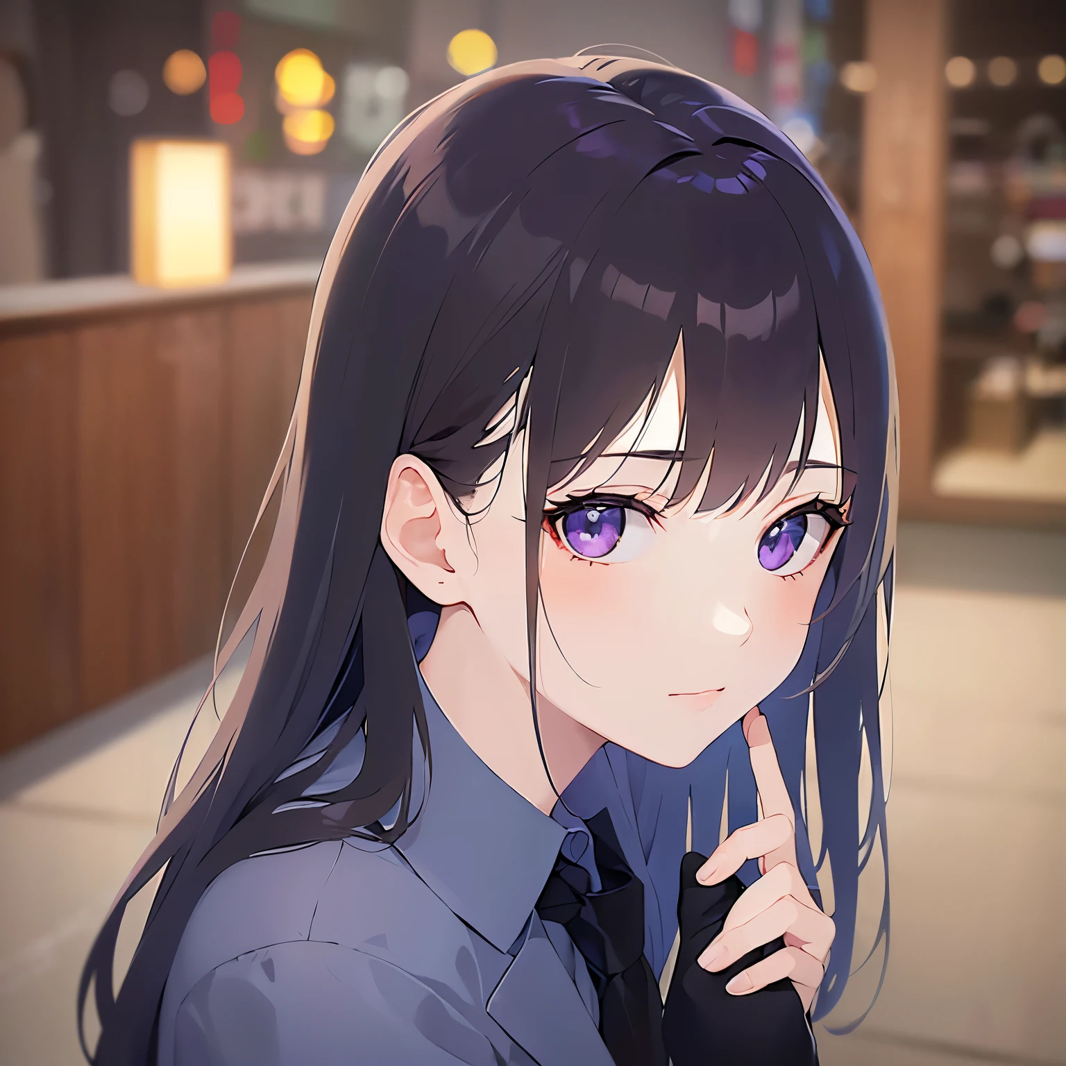 (looking at viewer:1.5),Looking up, Realistic, real person, (pale skin: 1.2), RAW photo, photorealistic, shiny skin, shiny hair、
(A 25-year-old woman with straight hair and bangs) and (medium hair) and (black hair) and (purple eyes) ,
(Wearing a business suit:1.5) and (Wearing a white collared shirt)、
blush,frown,The background is the interior of an izakaya at night.