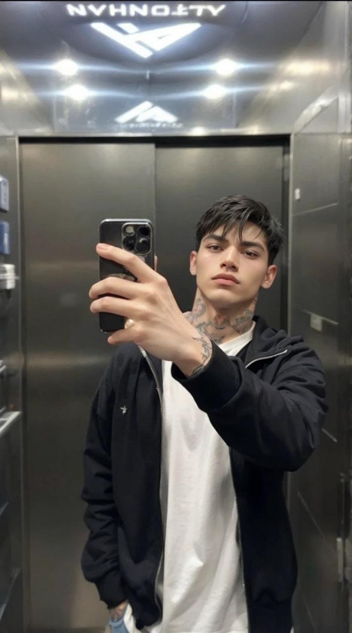 ### Detailed description:
**AGE y apariencia general:**
- **AGE:** 26 years.
- **General appearance:** Realistic and detailed with a look of "bad boy".
**Physical features:**
- **Physicist:** Awesome, muscular - **Skin tone:** A dark tone.
- **face:** attractive, with defined features and a confident expression.
**outfit:**
- **CLOTHES:** CLOTHES casual pero con estilo, maybe with loose black clothes and combined - **tattoos:** A notable tattoo on his arm, which could be a tribal design, geometric or something symbolic.
**Extras:**
- **Attitude:** A confident and secure attitude, perhaps with a penetrating gaze and a relaxed but dominant posture.