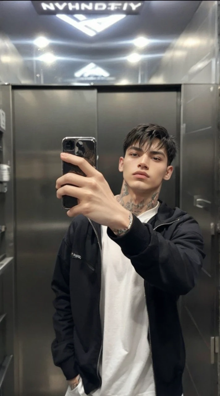 ### Detailed description:
**AGE y apariencia general:**
- **AGE:** 26 years.
- **General appearance:** Realistic and detailed with a look of "bad boy".
**Physical features:**
- **Physicist:** Awesome, muscular - **Skin tone:** A dark tone.
- **face:** attractive, with defined features and a confident expression.
**outfit:**
- **CLOTHES:** CLOTHES casual pero con estilo, maybe with loose black clothes and combined - **tattoos:** A notable tattoo on his arm, which could be a tribal design, geometric or something symbolic.
**Extras:**
- **Attitude:** A confident and secure attitude, perhaps with a penetrating gaze and a relaxed but dominant posture.