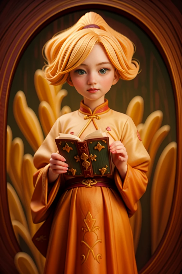 an epic colorful book cover of a 20th century young Blonde Swedish witch green eyes, transported in Tang Dynasty times in ancient China, European face, Tang dynasty clothes, wearing colorful red hanfu, neutral expression, holding a shining magic book, in a palace room, masterpiece, best quality, trending on artstation, intricate details, eerie magical atmosphere, sparkles, epic background, Chinese palace in the background