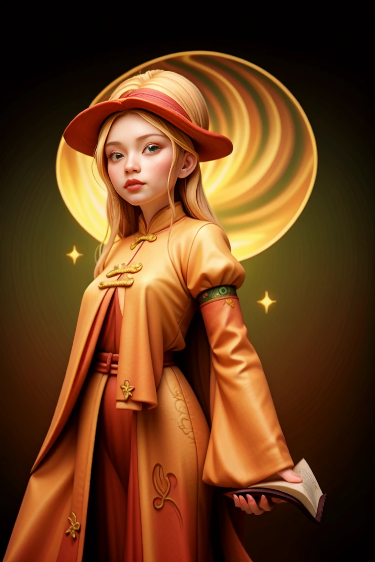 an epic colorful book cover of a 20th century young Blonde Swedish witch green eyes, transported in Tang Dynasty times in ancient China, European face, Tang dynasty clothes, wearing colorful red hanfu, neutral expression, holding a shining magic book, in a palace room, masterpiece, best quality, trending on artstation, intricate details, eerie magical atmosphere, sparkles, epic background, Chinese palace in the background