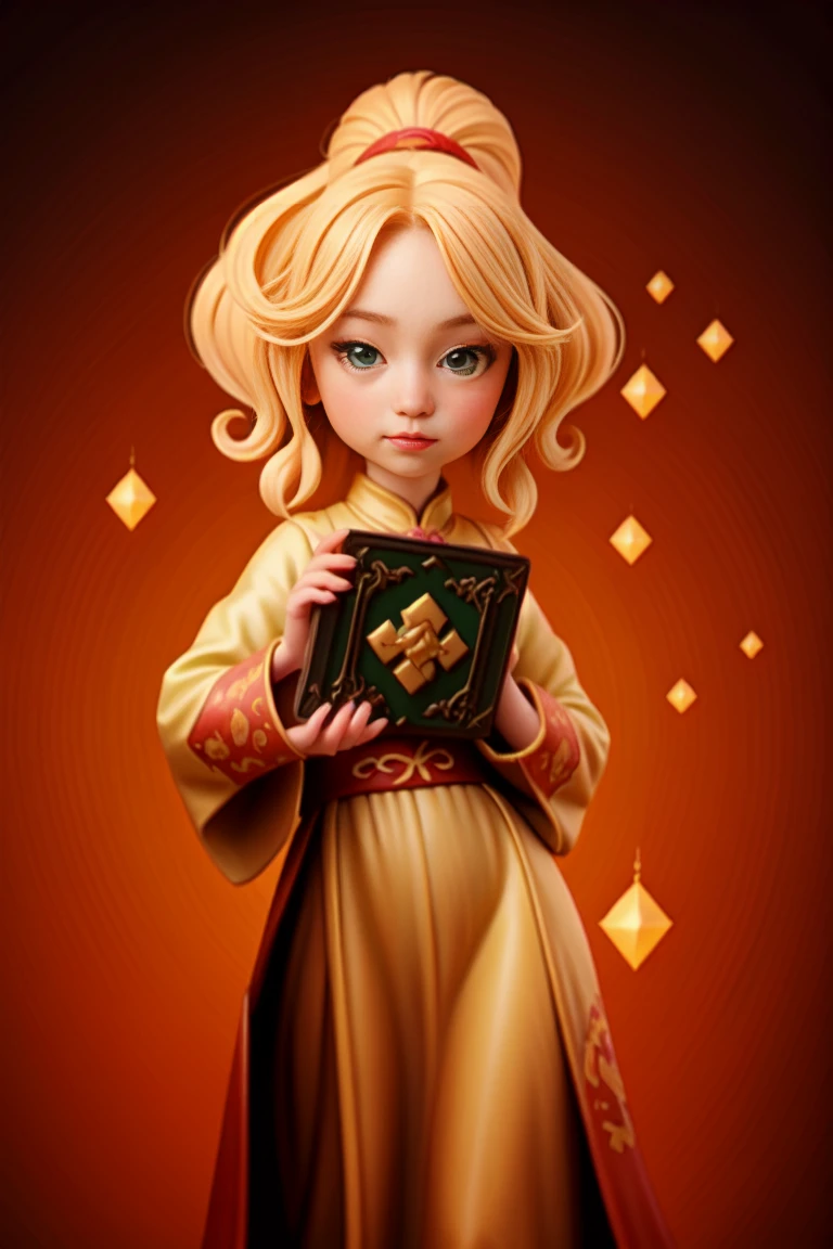 an epic colorful book cover of a 20th century young Blonde Swedish witch green eyes, transported in Tang Dynasty times in ancient China, European face, Tang dynasty clothes, wearing colorful red hanfu, neutral expression, holding a shining magic book, in a palace room, masterpiece, best quality, trending on artstation, intricate details, eerie magical atmosphere, sparkles, epic background, Chinese palace in the background