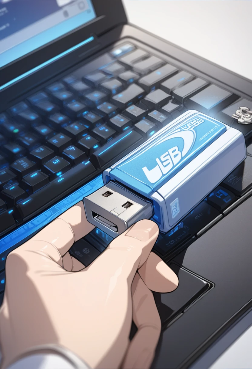((background only)),masterpiece, best quality, extremely detailed, ultra detailed, flat anime, 2D, A close-up of a hand inserting a USB flash drive into a laptop's USB port. The laptop keyboard is visible, with a 'delete' key in focus. The USB flash drive has a light blue casing and the text 'USB Flash Drive' printed on it.