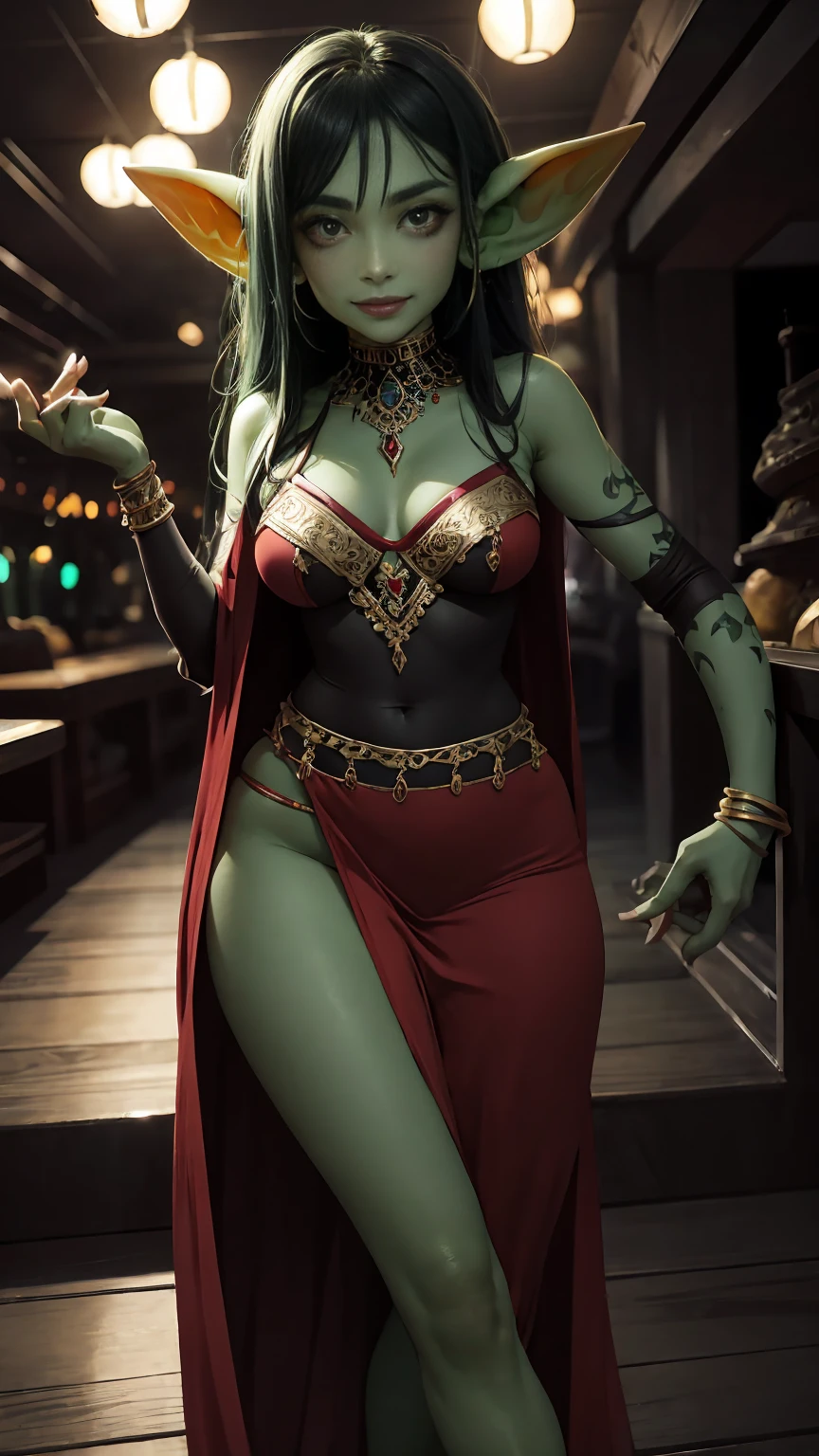 absurdrez, 1 girl, solo ((best quality)), ((masterpiece)), (detailed), 4k, green skin, tiny pointy ears, small ears, very very small goblin girl wearing revealing red arabian robes, 3 feet tall, graceful, exotic, black hair, sexy smile, cinematic still, arabian jewelry, cowboy shot, having fun inside a busy dance hall, nightclub, dynamic lighting, colorful lighting, party atmosphere