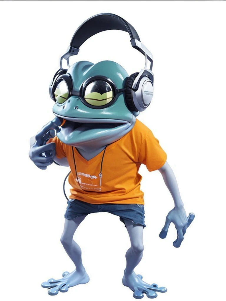 A frog, He is wearing an orange shirt, has a headset