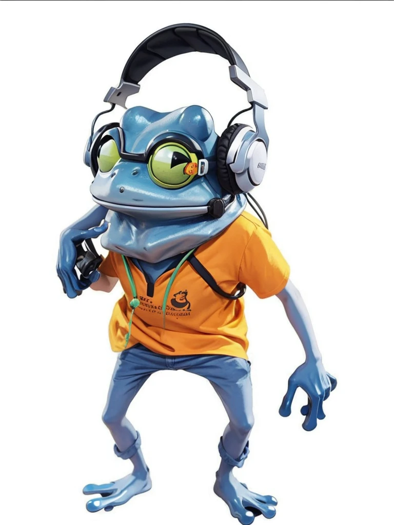 A frog, He is wearing an orange shirt, has a headset