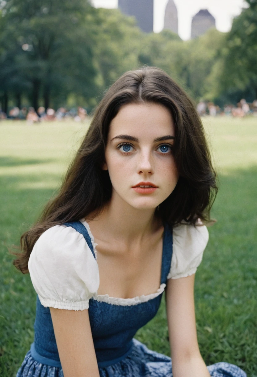 analog analog, grain, (Hyperdetailed Photography:1.2), (flash photography:1.3), Realistic, Imperfect, an incredibly cute (young:1.3) English girl called Brittany2, angelic face, (big eyes:1.1), (freckles in face:0.8), long dark-black feathered hair, blue detailed eyes, skinny, (large natural breasts:1.15), (linnen short skirt), (simple white blouse), sitting on the grass at Central Park in NYC, 1970s