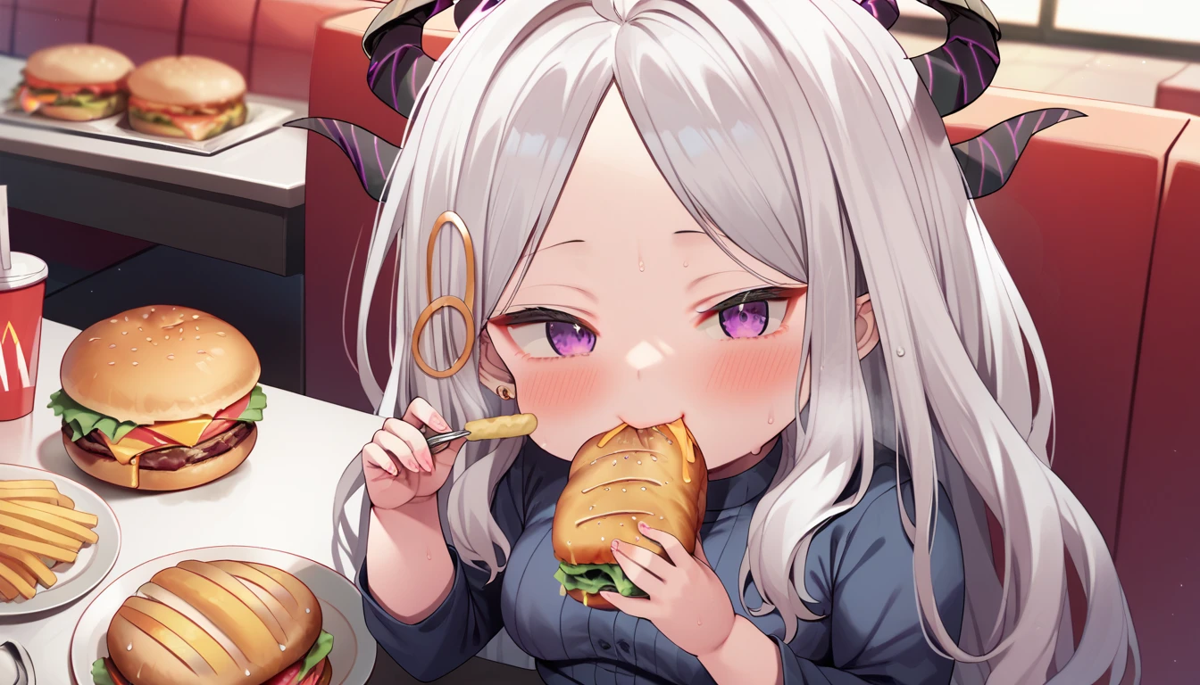 score_9, score_8_up, score_7_up , score_6_up, source_anime, hina_\(blue_archive\), long hair, purple eyes, white hair, horns, halo, moan, small breasts, sweaty, blushed, eating, potato, hamburger, McDonald's, indoors, happy, looking at viewer, chubby, plump, obese, curvy, voluptuous, shortstack, short,