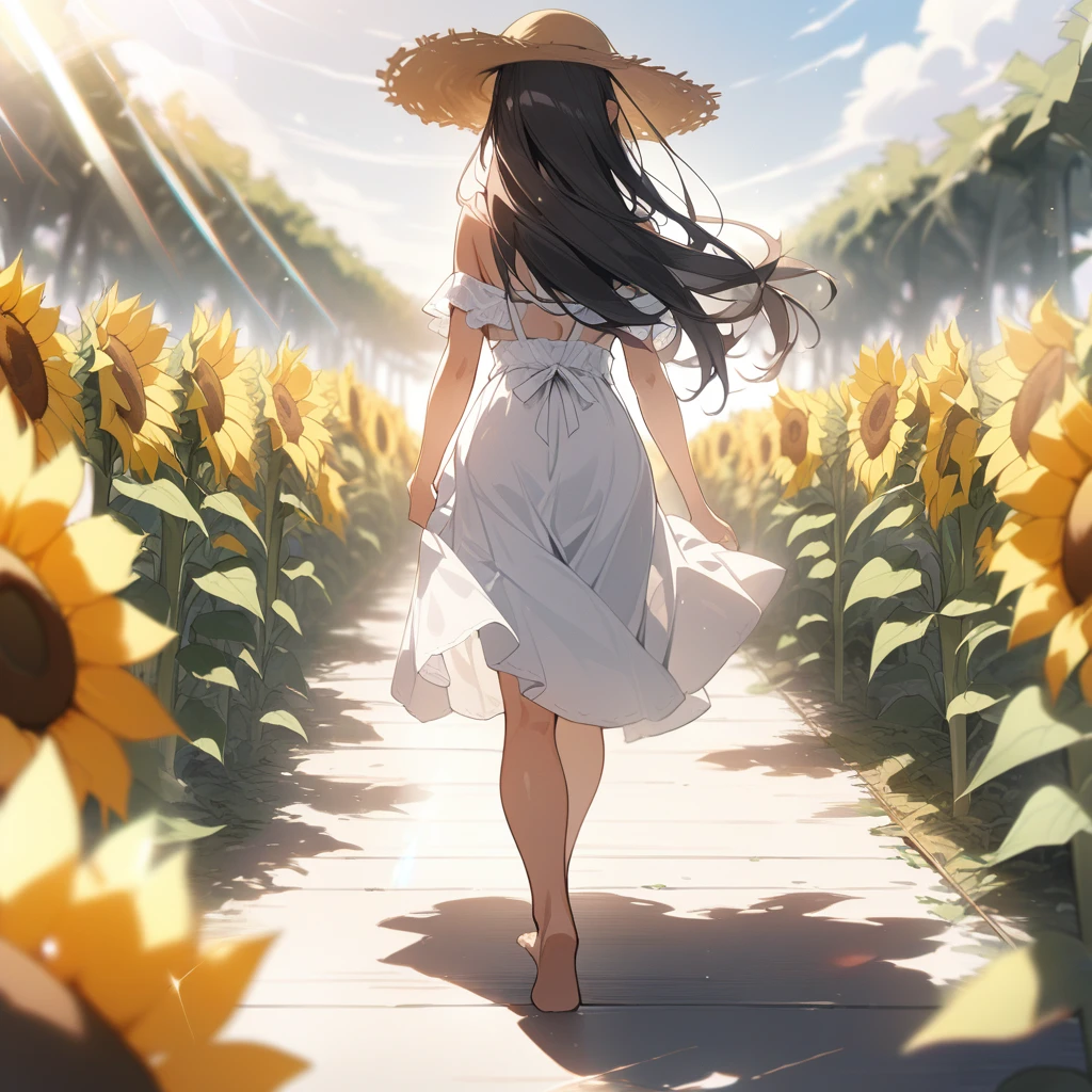  1 girl, 2D, flat, black hair、shiny hair, Brown skin , white sundress, straw hat, hair down、foot focus、wide shot、 from behind, (running:1.2)、floor sunflower field, too many sunflower, sunlight, depth of field, lens flare, high res image, masterpiece, best quality,