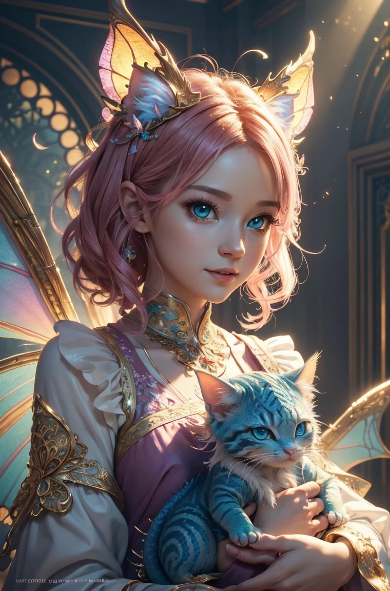 cute baby pink Dragon with mesmerizing feature butterfly ethereal wings masterpiece, top quality, best quality, official art, beautiful and aesthetic:1.2), (1dragon), extreme detailed,(fractal art:1.3), colorful, highest detailed, (masterpiece, best quality:1.3) 1 bright-amber, blue, green cat like-eyes, professional digital painting, Unreal Engine 5. playful teasing expression, finely detailed eyes, happy mood, epic scene, epic composition, Cinematic Lighting, Volumetric Lighting, ethereal light, intricate details, extremely detailed volumetric rays. oil painting, Detailed facial features, Sunlight, bright colors, dramatic lighting, expressive eyes, High Resolution, 4K quality, Photorealistic
