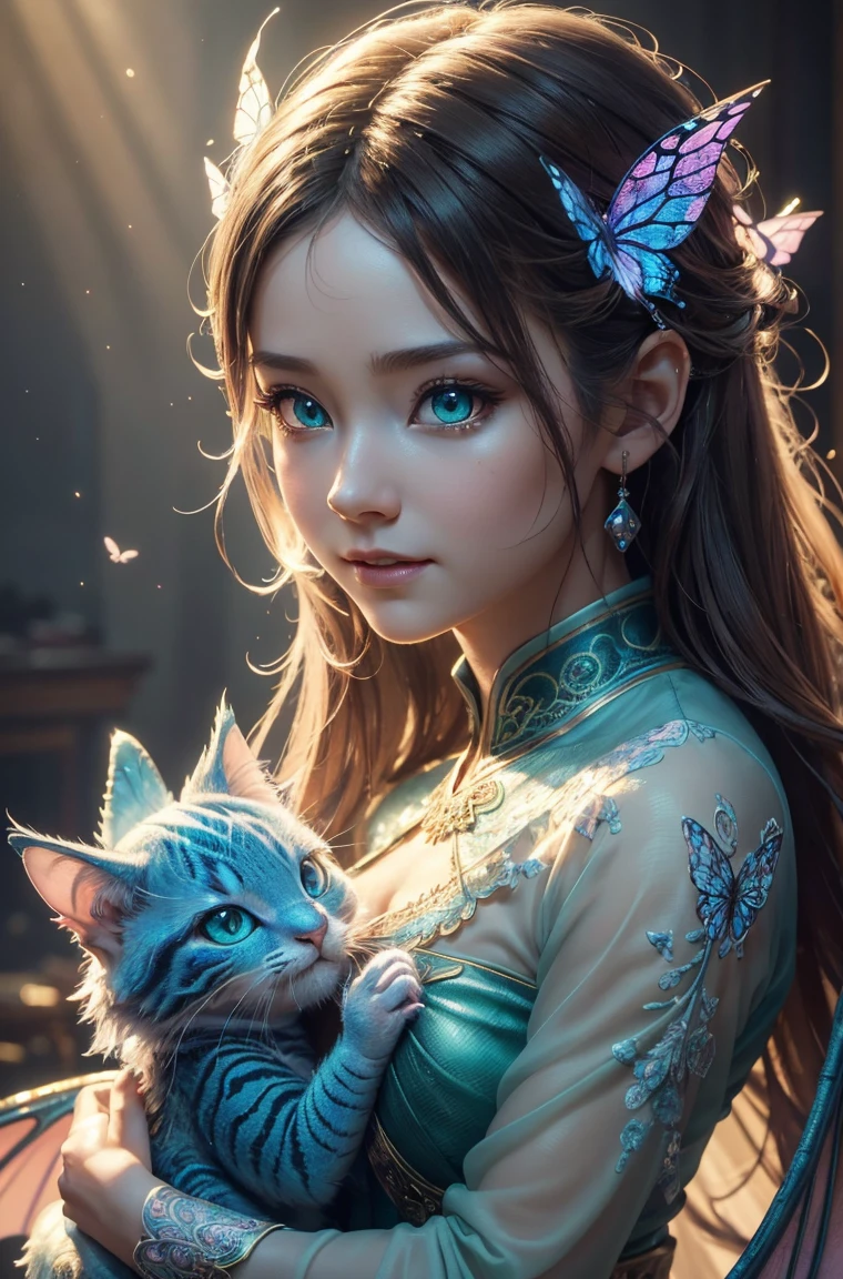 cute baby pink Dragon with mesmerizing feature butterfly ethereal wings masterpiece, top quality, best quality, official art, beautiful and aesthetic:1.2), (1dragon), extreme detailed,(fractal art:1.3), colorful, highest detailed, (masterpiece, best quality:1.3) 1 bright-amber, blue, green cat like-eyes, professional digital painting, Unreal Engine 5. playful teasing expression, finely detailed eyes, happy mood, epic scene, epic composition, Cinematic Lighting, Volumetric Lighting, ethereal light, intricate details, extremely detailed volumetric rays. oil painting, Detailed facial features, Sunlight, bright colors, dramatic lighting, expressive eyes, High Resolution, 4K quality, Photorealistic