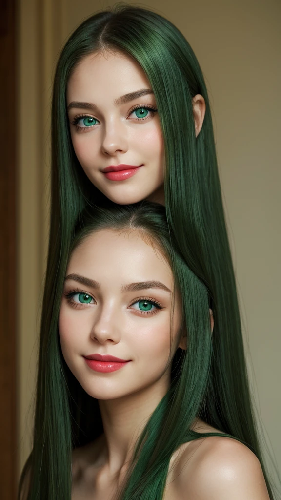 a girl.  face sent feeling.  Europe.  Oval face.  long face.  delicate facial features.  sad eyes.  seductively seductive.  green eyes.  long straight hair.  green hair.  Red lips.  smiled gently