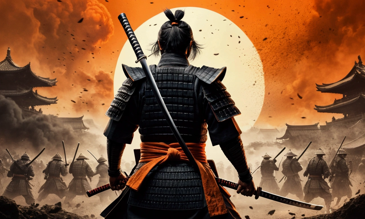 a samurai standing showing his back and holding a katana in his hand and the background is full of chaos and war going in background and in battlefield many poeple fighting, the tone of the image is orange, the atmosphere is scary