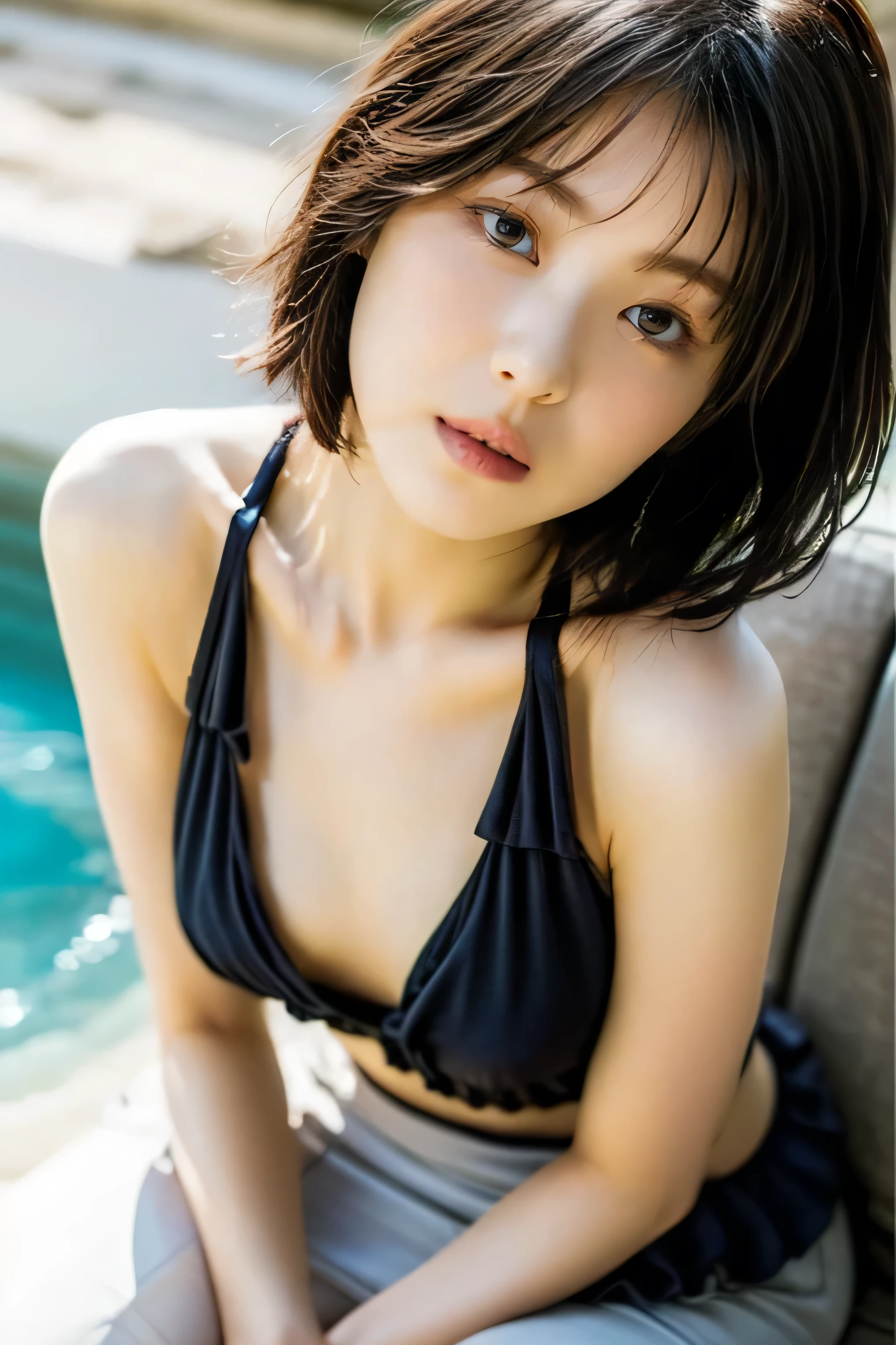 hamabeminami,beauty,masterpiece,Highest quality,Super Detail,short hair,whole body,One female,whole body,idol,Beautiful details, Delicate and Beautiful Face,High saturation,black and white swimsuit,Black Hair,bangs,,Highest quality,Very detailed,smart,Beautiful Face,4K,8k.Sexy pose,Beach,Micro Bikini,gravure