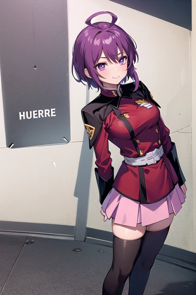 masterpiece,Highest quality,One girl,Mature Woman,Lunamaria Hawke,short hair,Ahoge,Redhead,Purple eyes,Purple Hair,Pink Skirt,uniform,Black knee socks,Long sleeve,smile,Are standing,Put your arms behind your back,I had already finished,universe船内部,sf,universe,From above,Dutch Angle,