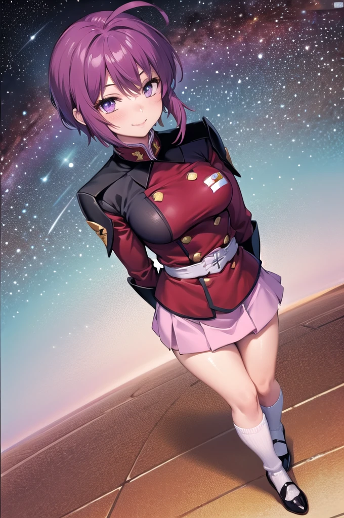 masterpiece,Highest quality,One girl,Mature Woman,Lunamaria Hawke,short hair,Ahoge,Redhead,Purple eyes,Purple Hair,Pink Skirt,uniform,Black knee socks,Long sleeve,smile,Are standing,Put your arms behind your back,I had already finished,universe船内部,sf,universe,From above,Dutch Angle,