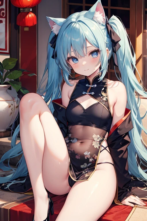 Blue Hair,blue eyes,Cat ears,girl,Girl,Small breasts,Long Hair,Twin tails,Lolita,Small breasts,Bright smile,Looks like ,Petan Musume,short,目のhighlight,Sexy thighs,Attractive thighs,Please show me your armpits,Exposing the vagina,No underwear,No underwear,Your eyes are so beautiful,highlight,とても美しいhighlight,Chinese clothing,Chinese restaurant