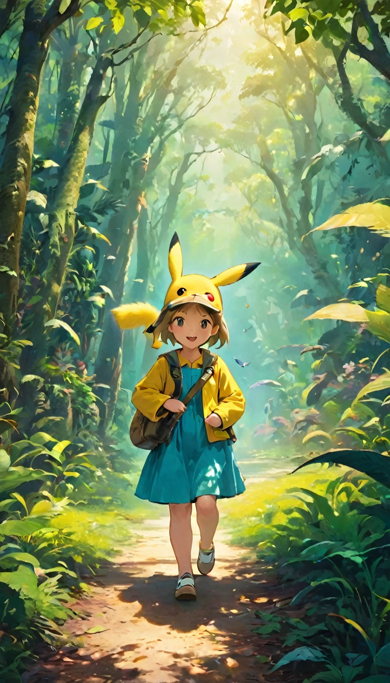 score_9, score_8_superior, score_7_superior, score_6_superior, score_5_superior, score_4_superior, BREAK、Highest quality:1.2、masterpiece、Highly detailed CG unit wallpaper、High resolution、BREAK、Jungle Adventure、Subtropical plants、Mysterious Jungle、Wilderness、Explorer's attire、Sharp Eyes、One Girl、Walking、Densely grown grass、Pikachuと一緒に歩く、Pikachu、小さいPikachu