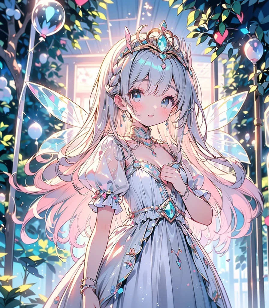 (Exquisite, beautiful, Very detailed, masterpiece, High resolution,high quality,High resolution),(Well-formed face,Soft and thin lines: 1.2, beautiful, Delicate and vivid illustrations with a mature and clear feel), (A fairy princess with imperial Topaz motif and fairy wings growing from her back is walking down a white road with smile.:1.2),Topaz imperial Topaz crystal, (Imperial Topaz tiara, Diamond Earrings, necklace, Bracelets and Rings,), ((A gorgeous ball gown dress with lots of ruffles and an imperial Topaz motif.:1.1, Balloon sleeves, gem, ribbon, Lace and frills)), (Pale pink cheeks and plump pink lips,Fair skin, Good style),Topaz,Facing forward