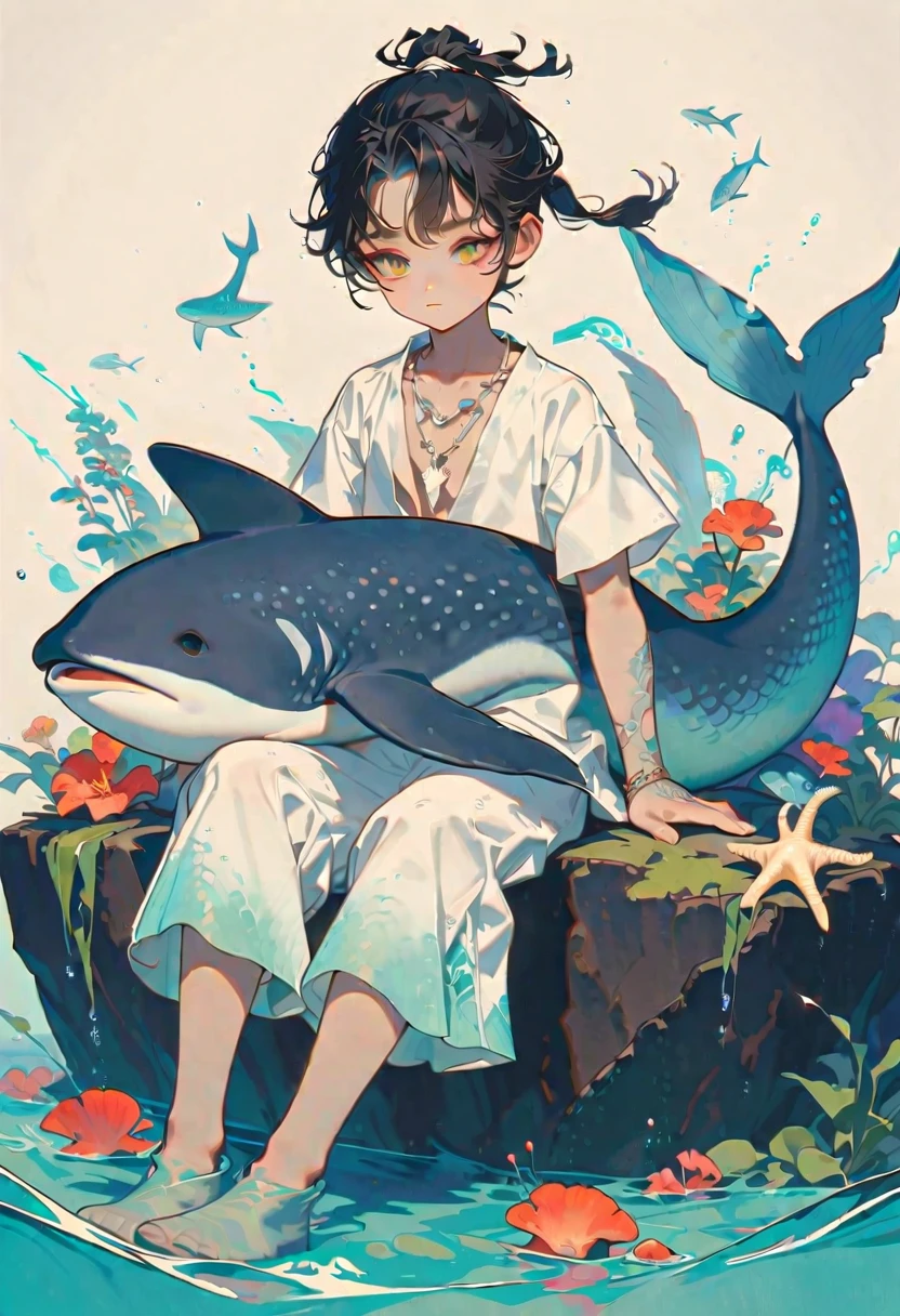 Style 9, a merman with straight black hair tied in a ponytail, light skin, olive eyes, no shirt, with a whale shark tail instead of legs, some white spots with grayish blue on his arms, a seashell necklace , sitting on a rock under water