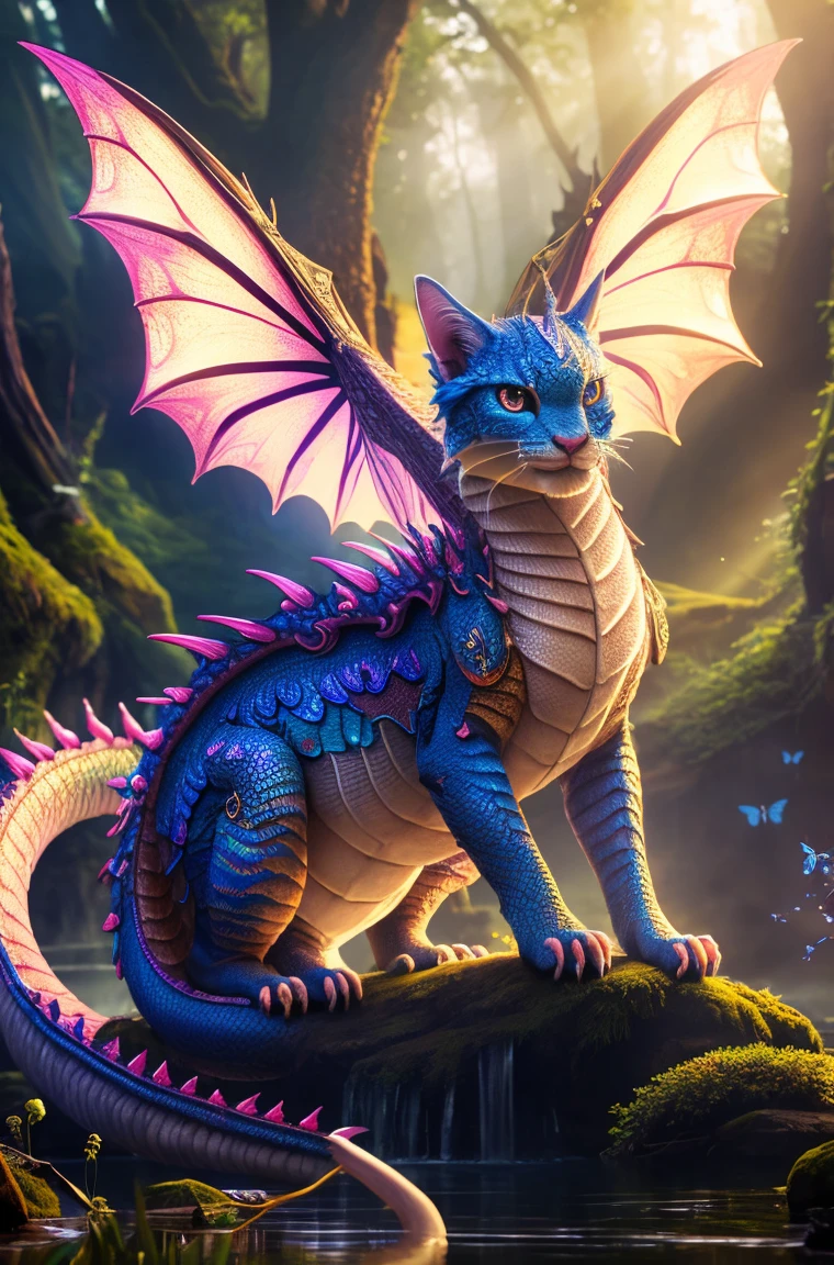 cute baby pink Dragon with mesmerizing feature butterfly ethereal wings masterpiece, top quality, best quality, official art, beautiful and aesthetic:1.2), (1dragon), extreme detailed,(fractal art:1.3), colorful, highest detailed, (masterpiece, best quality:1.3) 1 bright-amber, blue, green cat like-eyes, professional digital painting, Unreal Engine 5. playful teasing expression, finely detailed eyes, happy mood, epic scene, epic composition, Cinematic Lighting, Volumetric Lighting, ethereal light, intricate details, extremely detailed volumetric rays. oil painting, Detailed facial features, Sunlight, bright colors, dramatic lighting, expressive eyes, High Resolution, 4K quality, Photorealistic