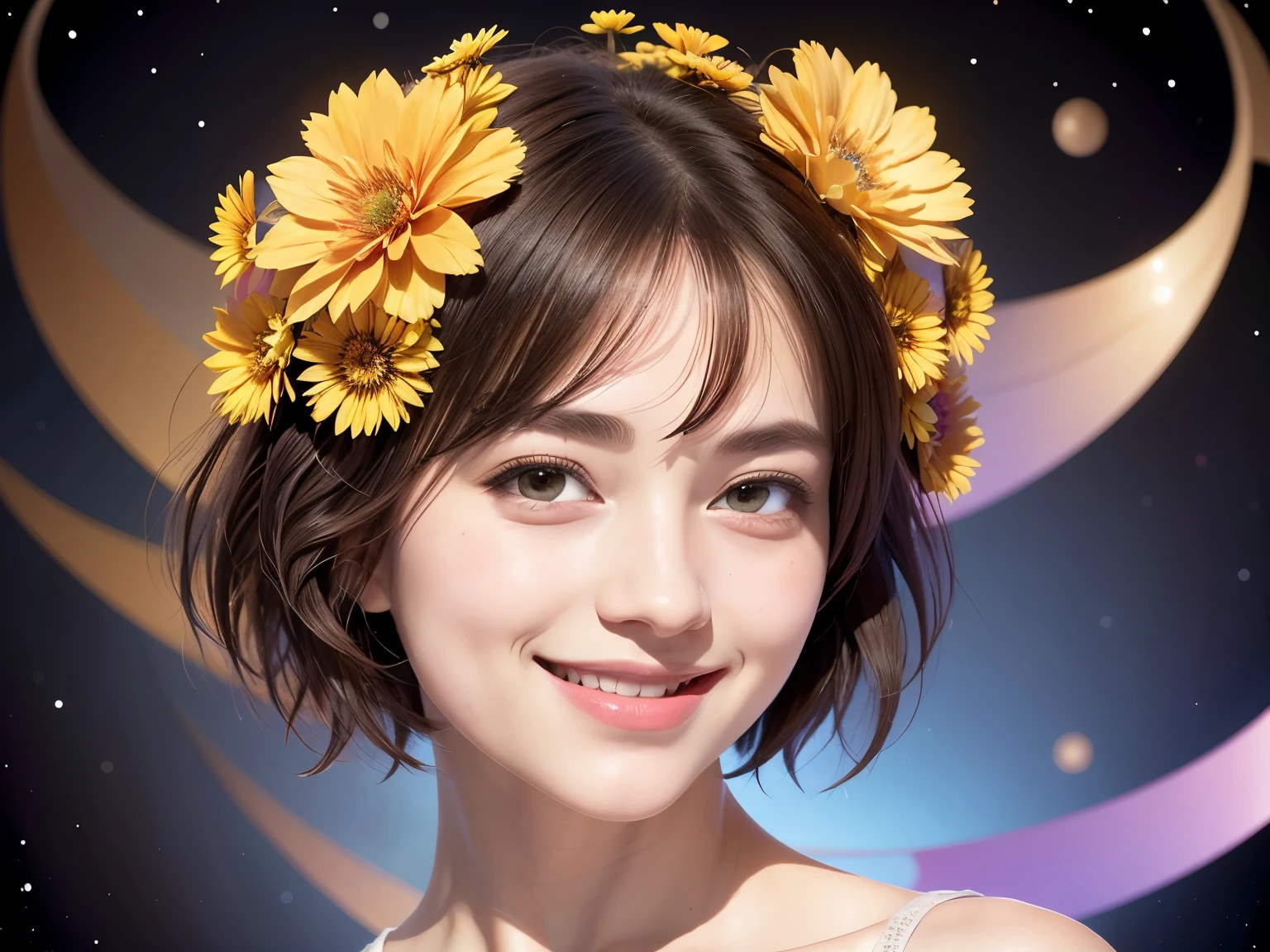257 20-year-old female, (short hair),(Abstract background,Fractal Art), smile, flower