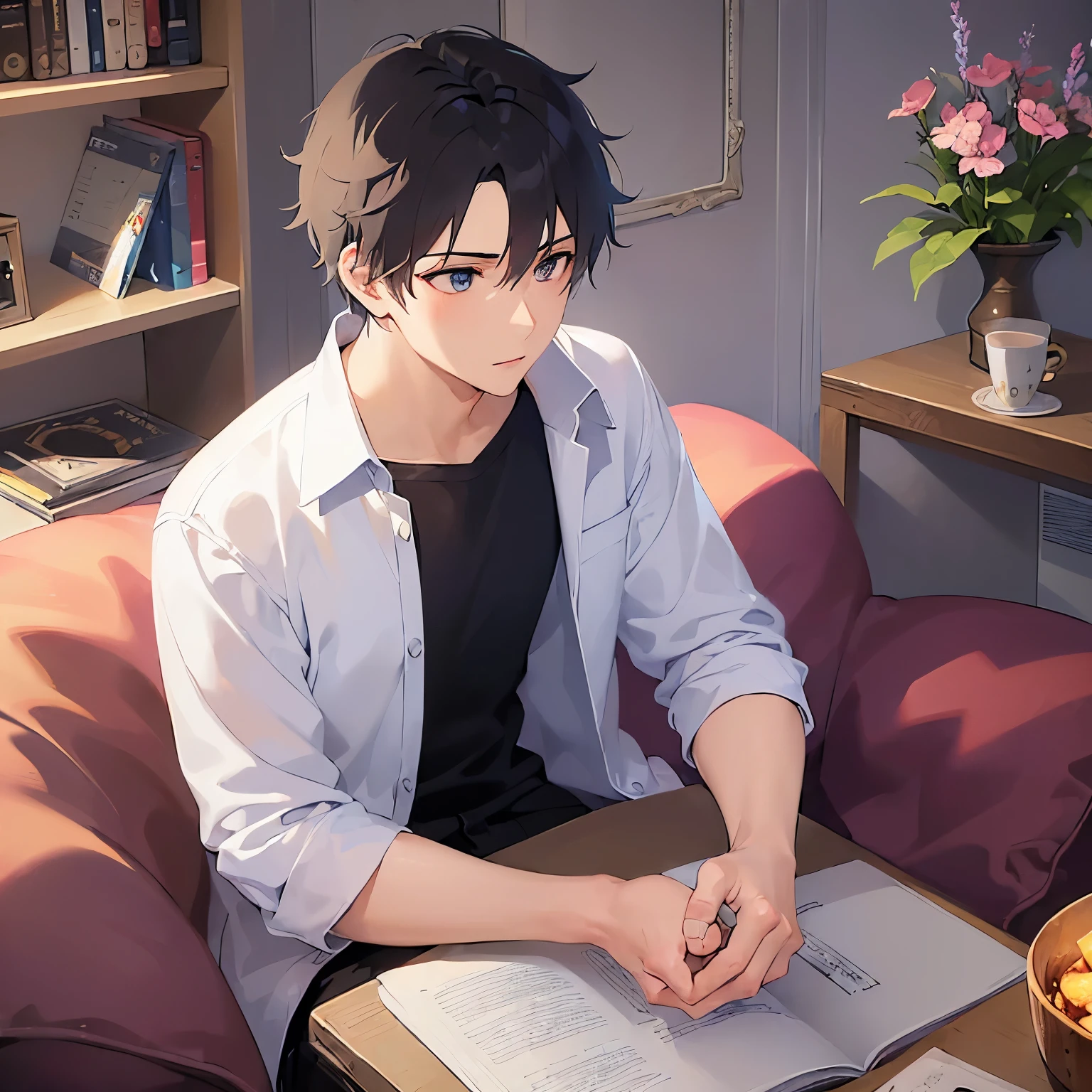 (25-year-old male:1.5) and(black短髪) and (blue eyes),
(blackTWearing a shirt)、side angle, (looking away:1.5),
masterpiece、Highest quality、
Serious,blush,(alone:1.5)Hands on head、The background is the living room at night、Sitting
