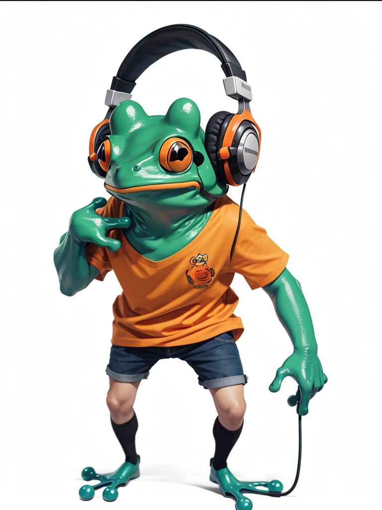 A frog, He is wearing an orange shirt, has a headset
