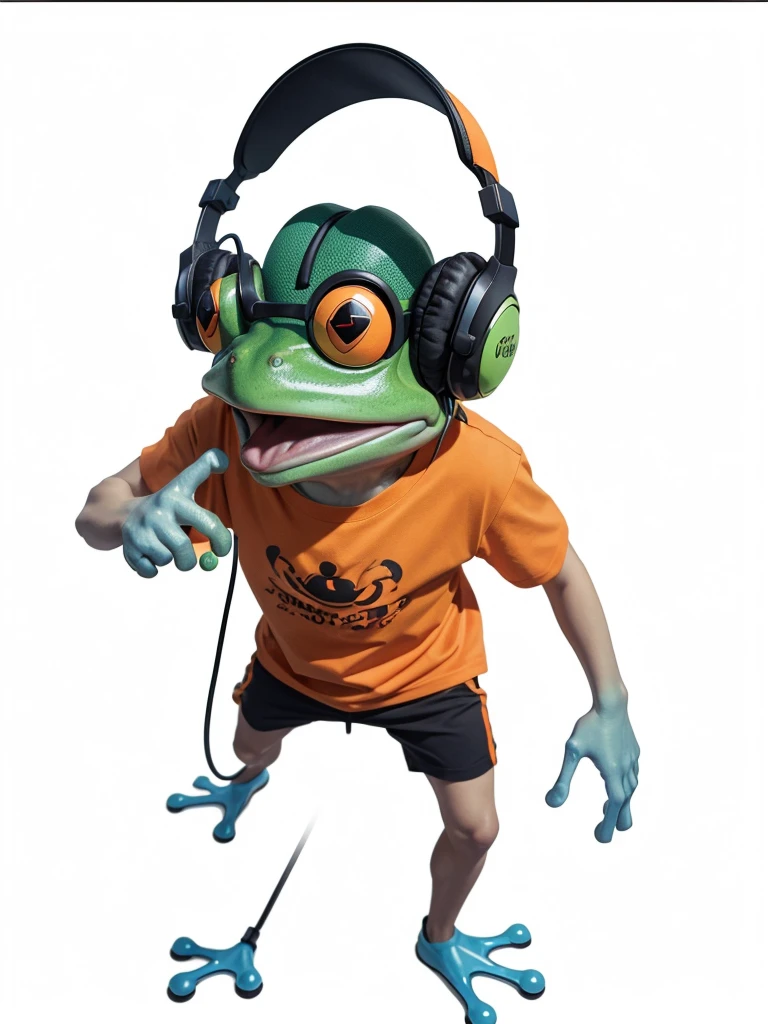 A frog, He is wearing an orange shirt, has a headset