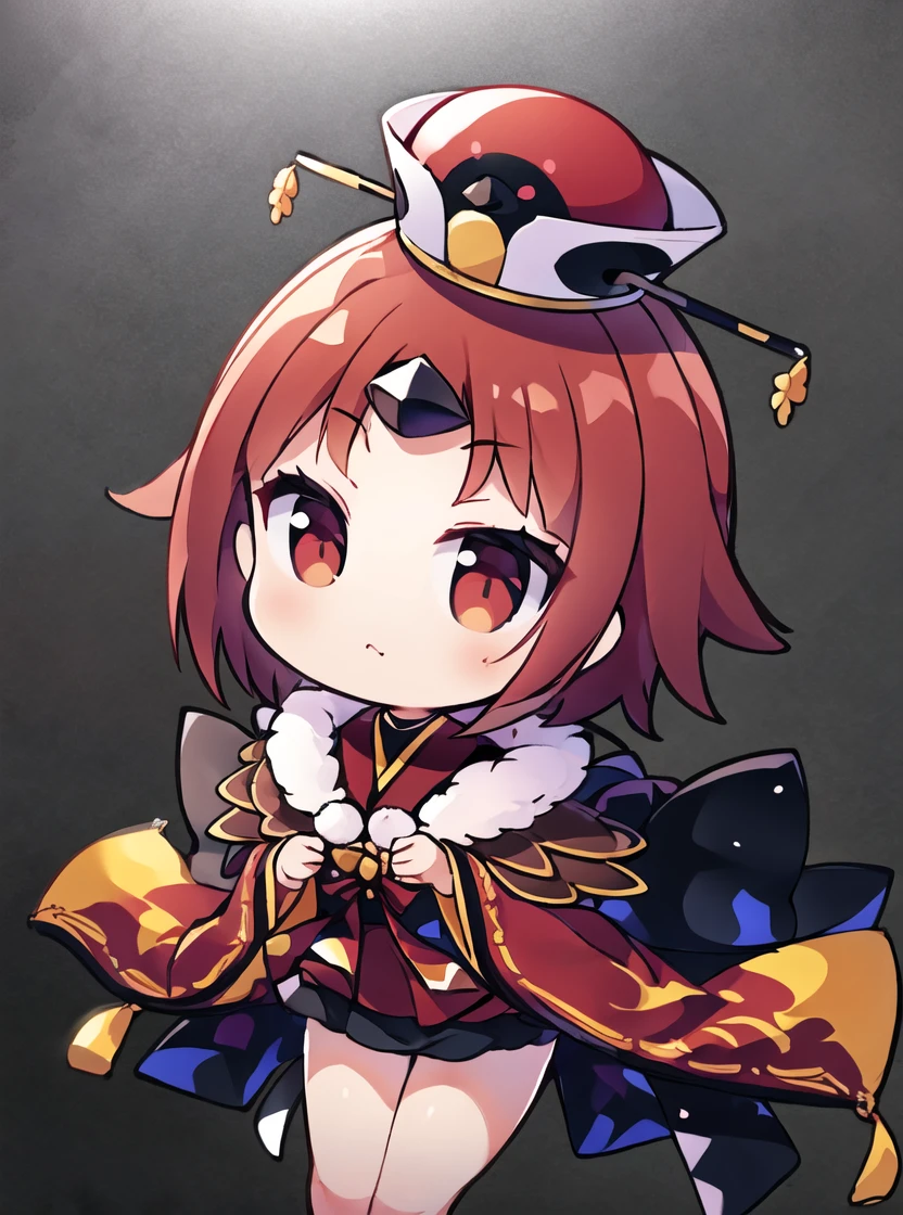 ME_enma,Black Mini Skirt,red kimono,hat,Simple Background,masterpiece,best quality, (masterpiece:1.2, best quality:1.2),(cinematic lighting)