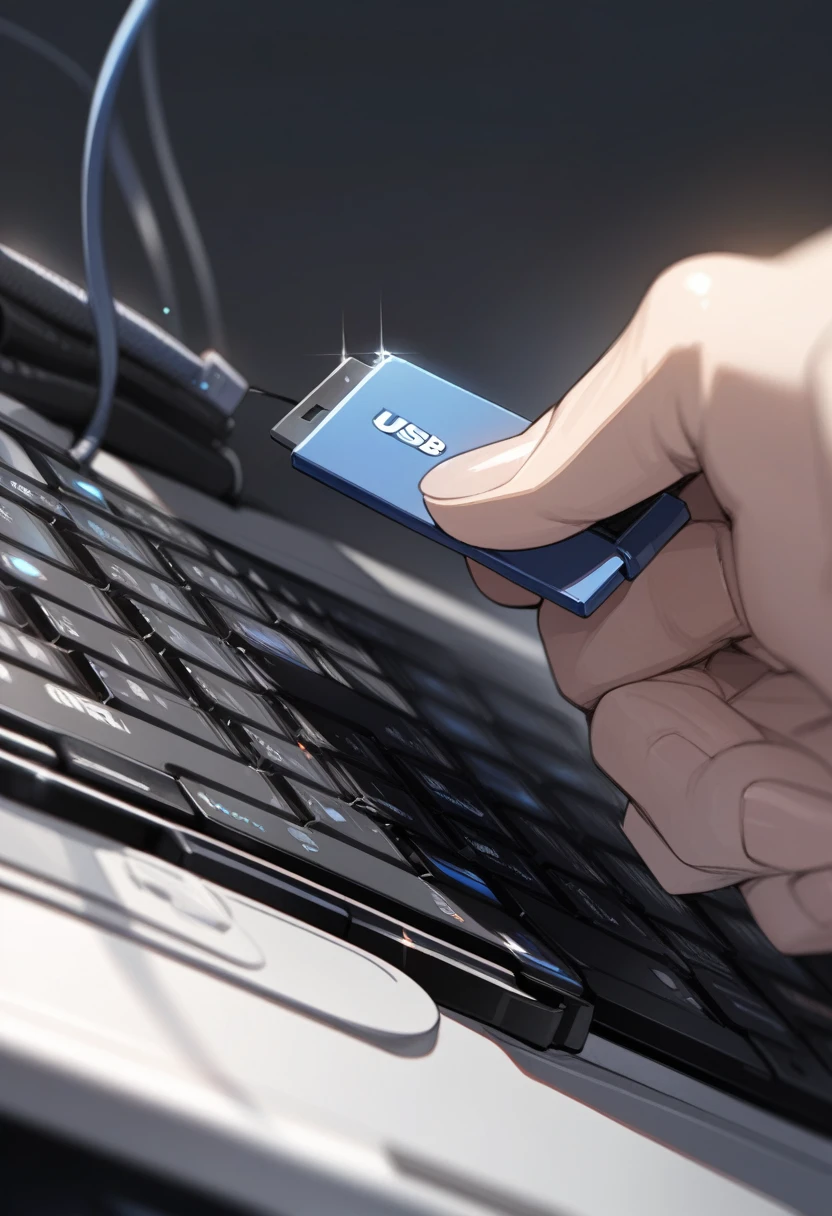((background only)),masterpiece, best quality, extremely detailed, ultra detailed, flat anime, 2D, close-up of a hand, inserting a USB flash memory into a laptop's USB port, laptop keyboard is visible, the USB flash memory has a black casing,