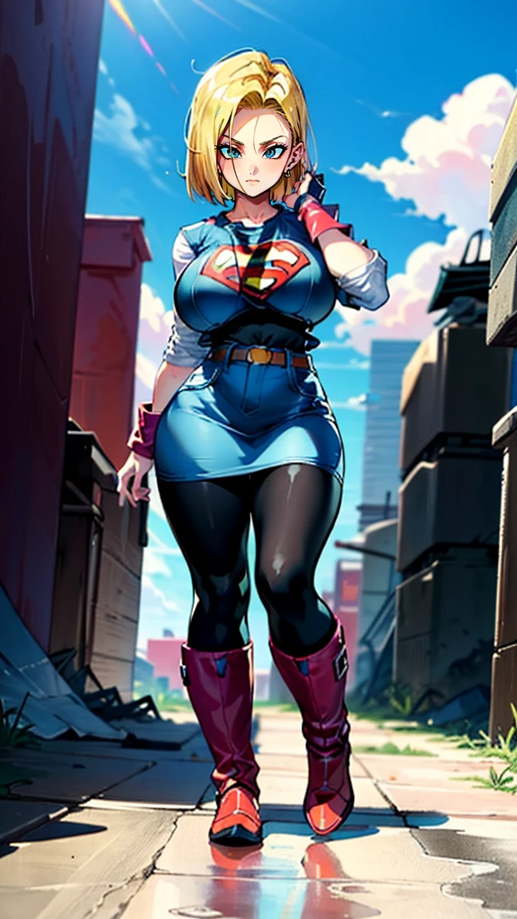 supergirl, pureerosface_v1, sticker of a girl from dc comic, full body, Kim Jung gi, , (gigantic breasts breasts 1.8),soul, digital illustration, comic style, cyberpunk, perfect anatomy, centered, approaching perfection, dynamic, highly detailed, watercolor painting, artstation, concept art, smooth, sharp focus, illustration, art by Carne Griffiths and Wadim Kashin ,, (masterpiece, best quality, ultra-detailed, best shadow),, In the style of Neon Genesis Evangelion, you find yourself standing on a desolate, post - apocalyptic wasteland, as the distant ruins of a massive city loom on the horizon. The sky is filled with ominous clouds, as a massive creature towers in the distance, huge breast, gigantic , titsnipples, curvy, thicc