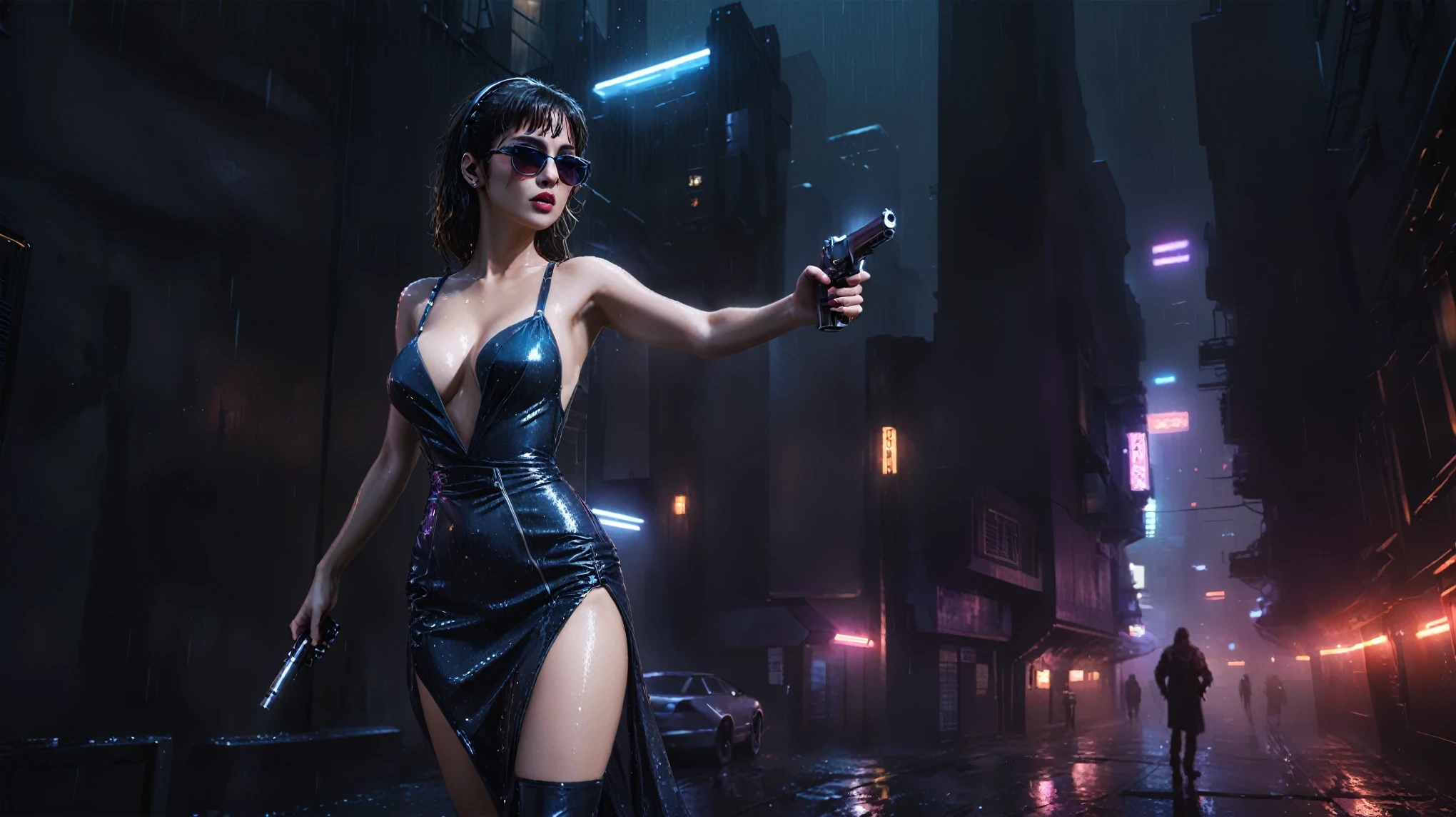 (((aerial view))), (flying cars docking platform), Blade Runner style futuristic city alley, neon lights, rainy night. (1girl, solo, alone), large-breast:1.2 slim body, cleavage:1.1, sexy wind blowing wet dress:1.4, headphone, (black sunglasses), (((she raised a pistol:1.8 and shot:1.8 the viewer))), dynamic pose, (((half-body thigh level medium shot))), cinematic lighting, lens flare, ray tracing, zoom-in blurred:1.4 background.