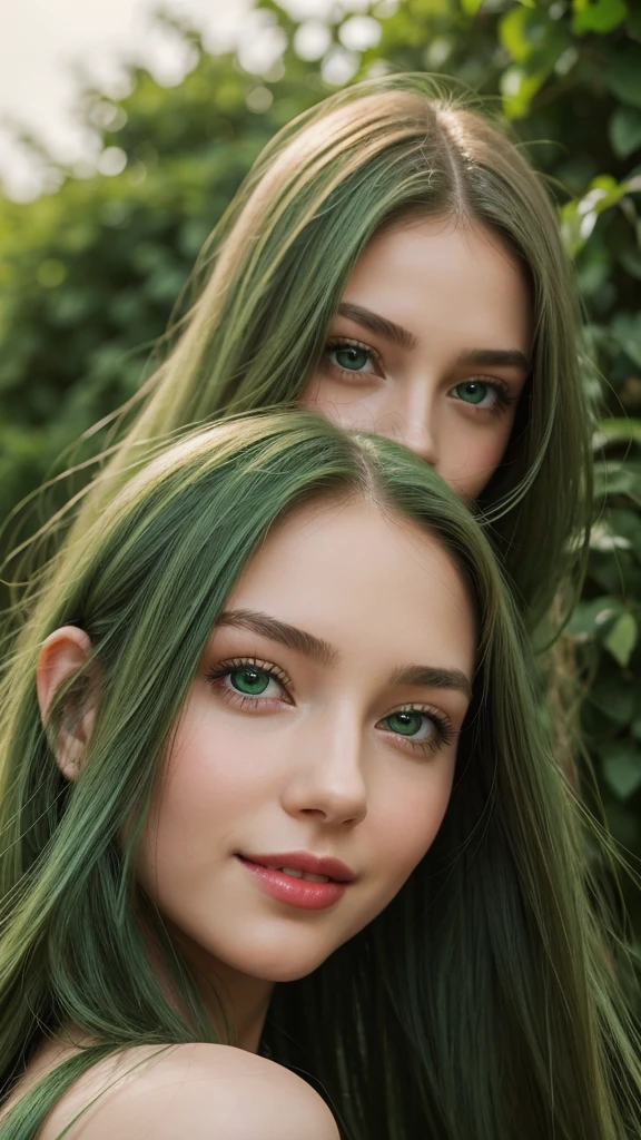 a girl. face sent feeling. Europe. Oval face. long face. delicate facial features. gentle eyes. seductively seductive. green eyes. long straight hair. green hair. Red lips. smile