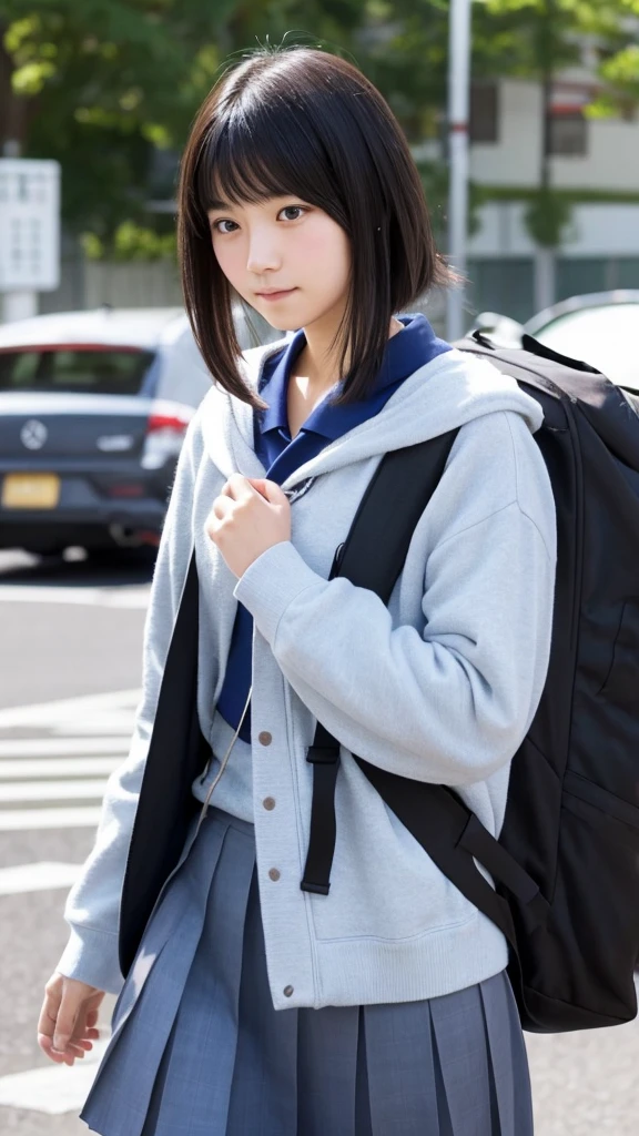 There is a Japanese high school student who is mature and neat.。Beautiful black hair, center parted, semi-long。Wearing a 、On my way home。