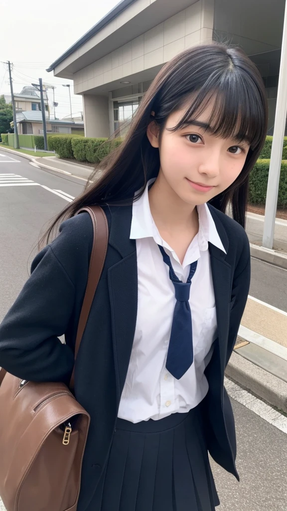 There is a Japanese high school student who is mature and neat.。Beautiful black hair, center parted, semi-long。Wearing a 、On my way home。