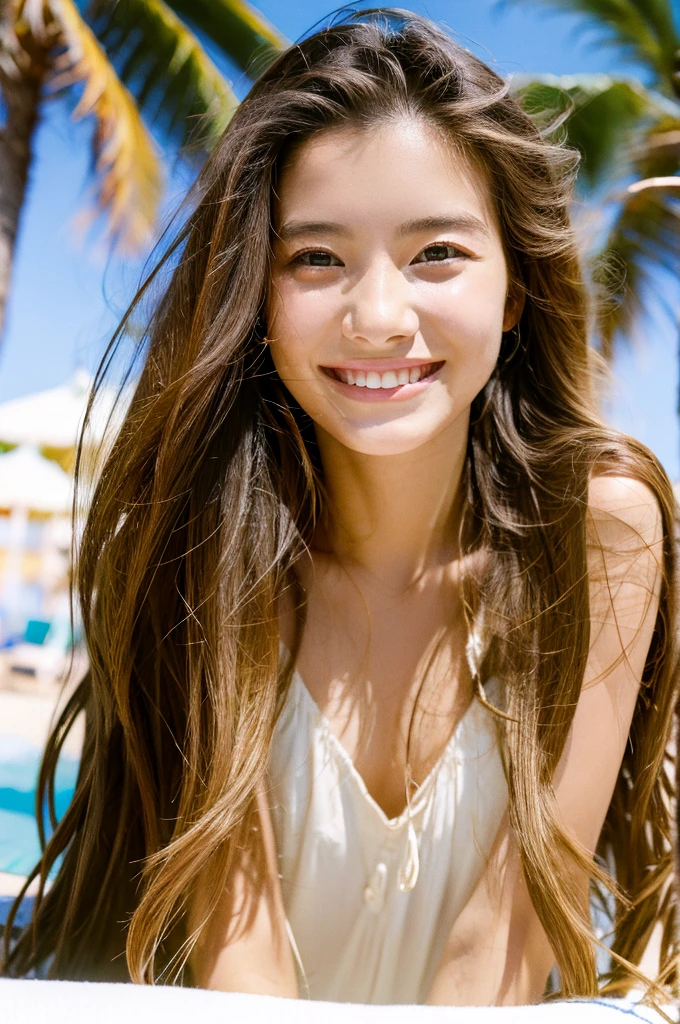 high resolution, long hair, fair skin, beach, sun bath, smiling