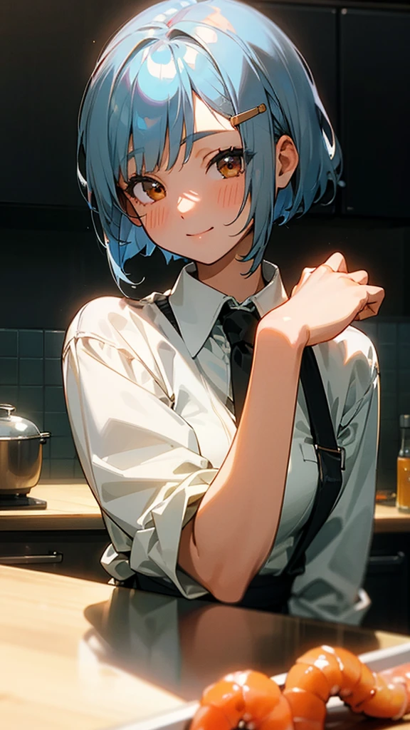 1 girl、Anime Images、kitchen、Delicious food、shrimp、Shiny light blue hair、Short Bob Hairstyles、Tie your hair with an orange hair clip、Beautiful brown eyes、smile、Upper body close-up、Sharp contours、Background Blur、Written boundary depth