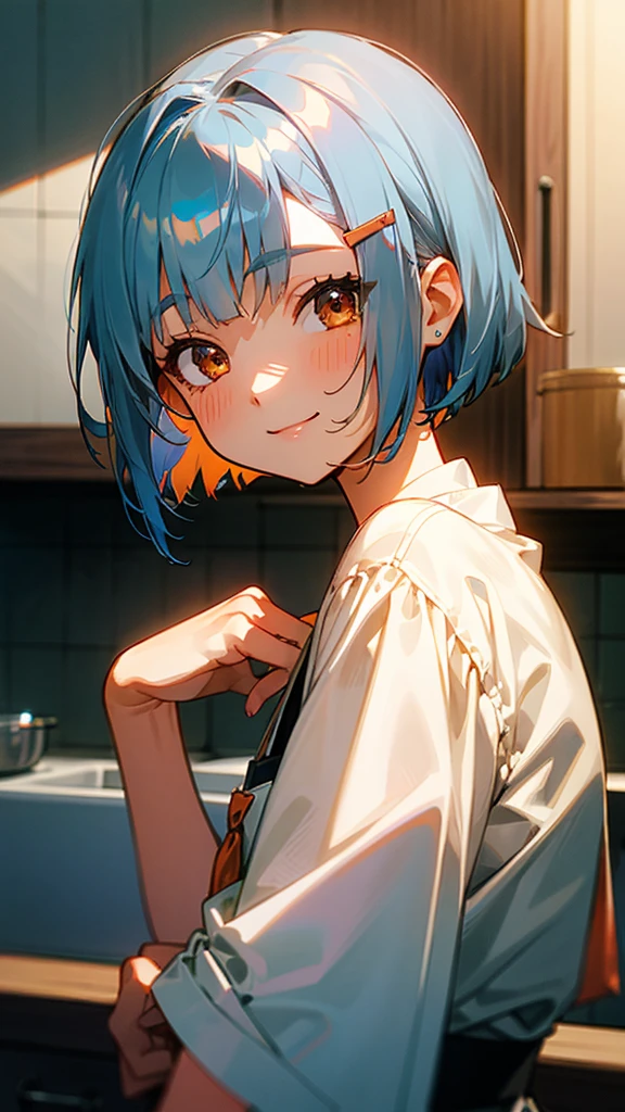 1 girl、Anime Images、kitchen、Delicious food、shrimp、Shiny light blue hair、Short Bob Hairstyles、Tie your hair with an orange hair clip、Beautiful brown eyes、smile、Upper body close-up、Sharp contours、Background Blur、Written boundary depth