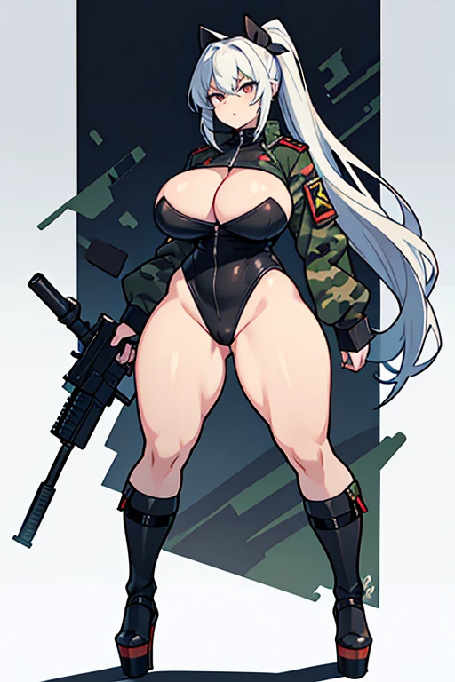  thick hips,  thick thighs, platform heels, high cut leotard, huge breast, thin waist, ponytails hair, weapon, pale skin, gun, angry look,  scream, thick body, military camouflage, fighting,