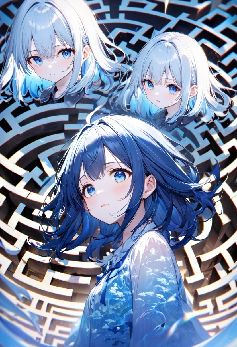 (Maze:1.3 of Chaos style), (Be confused), (soro:2, 15 yo, forehead blue hair long hair cute girl, lovely blue @@ eyes, confused face, Double exposure silhouette), in a summer Neat blouse, BREAK, perfect anatomy, masterpiece, best quality, 16k, beautiful detailed fear, daydreaming expression.