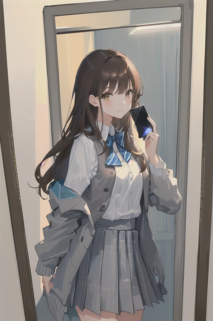 concept:Woman taking selfie. quality:(最高quality, 4K, High resolution, masterpiece:1.2), Very detailed, (Genuine, photoGenuineistic:1.37). illumination:Bright colors, Bright colors and mesmerizing effects, (Warm sunshine), 柔らかく繊細なillumination, Gentle glow, Lens flare, The overall atmosphere is beautiful and gentle... Thematic Intelligence:alone, ((young woman)), (Round eyes), (Small face), (Skin with attention to detail:1.2), Long eyelashes, Glossy Lips, (Brown Hair, Long Wavy Hair, Brown eyes), (Slim figure, Happy expression), (((In front of the mirror))), ((Shooting with a smartphone:1.2)), (Gazing Eyes:1.5, take a picture),((( Hold your cell phone in front of your face))), (((High School Uniform:1.2, Grey jacket, Open jacket, White shirt, Dark blue checked skirt, Captivating thighs))), smile, Happy, charm. Other details:Take a selfie through the mirror, Reflected in the full-length mirror, Genuineなレンダリング, Natural pose,((Covering one&#39;s mouth with a mobile phone)), charmなsmile, A fun connection, Exquisite texture, Perfect composition, Happy moments, Beautiful Skin, Glowing Skin, Perfect Fingers, Five Fingers, Anatomically correct, Smartphone Photos.,In a completely different expression。