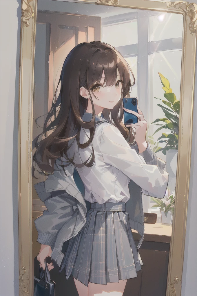 concept:Woman taking selfie. quality:(最高quality, 4K, High resolution, masterpiece:1.2), Very detailed, (Genuine, photoGenuineistic:1.37). illumination:Bright colors, Bright colors and mesmerizing effects, (Warm sunshine), 柔らかく繊細なillumination, Gentle glow, Lens flare, The overall atmosphere is beautiful and gentle... Thematic Intelligence:alone, ((young woman)), (Round eyes), (Small face), (Skin with attention to detail:1.2), Long eyelashes, Glossy Lips, (Brown Hair, Long Wavy Hair, Brown eyes), (Slim figure, Happy expression), (((In front of the mirror))), ((Shooting with a smartphone:1.2)), (Gazing Eyes:1.5, take a picture),((( Hold your cell phone in front of your face))), (((High School Uniform:1.2, Grey jacket, Open jacket, White shirt, Dark blue checked skirt, Captivating thighs))), smile, Happy, charm. Other details:Take a selfie through the mirror, Reflected in the full-length mirror, Genuineなレンダリング, Natural pose,((Covering one&#39;s mouth with a mobile phone)), charmなsmile, A fun connection, Exquisite texture, Perfect composition, Happy moments, Beautiful Skin, Glowing Skin, Perfect Fingers, Five Fingers, Anatomically correct, Smartphone Photos.,In a completely different expression。
