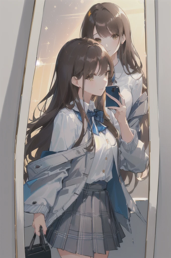 concept:Woman taking selfie. quality:(最高quality, 4K, High resolution, masterpiece:1.2), Very detailed, (Genuine, photoGenuineistic:1.37). illumination:Bright colors, Bright colors and mesmerizing effects, (Warm sunshine), 柔らかく繊細なillumination, Gentle glow, Lens flare, The overall atmosphere is beautiful and gentle... Thematic Intelligence:alone, ((young woman)), (Round eyes), (Small face), (Skin with attention to detail:1.2), Long eyelashes, Glossy Lips, (Brown Hair, Long Wavy Hair, Brown eyes), (Slim figure, Happy expression), (((In front of the mirror))), ((Shooting with a smartphone:1.2)), (Gazing Eyes:1.5, take a picture),((( Hold your cell phone in front of your face))), (((High School Uniform:1.2, Grey jacket, Open jacket, White shirt, Dark blue checked skirt, Captivating thighs))), smile, Happy, charm. Other details:Take a selfie through the mirror, Reflected in the full-length mirror, Genuineなレンダリング, Natural pose,((Covering one's mouth with a mobile phone)), charmなsmile, A fun connection, Exquisite texture, Perfect composition, Happy moments, Beautiful Skin, Glowing Skin, Perfect Fingers, Five Fingers, Anatomically correct, Smartphone Photos.,In a completely different expression。