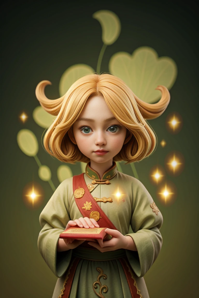 an epic colorful book cover of a 20th century young Blonde 20 year old Swedish witch, green eyes, transported in Tang Dynasty times in ancient China, European face, Tang dynasty clothes, wearing colorful red hanfu, neutral expression, holding a shining magic book, in a palace room, masterpiece, best quality, trending on artstation, intricate details, eerie magical atmosphere, sparkles, epic background, Chinese palace in the background