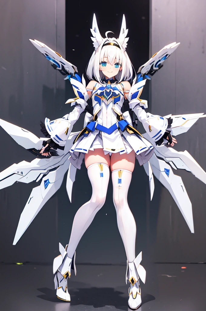 mecha wings、white and yellow skirt、Accentuated thighs、White tights、chest、Beautiful white hair、1 girl、solo girl、Thick thighs、IS、Frame Arms Girl、Alice Gere Aegis、White Armor、income、headphone、hand on own chest、smile、Idol Costume